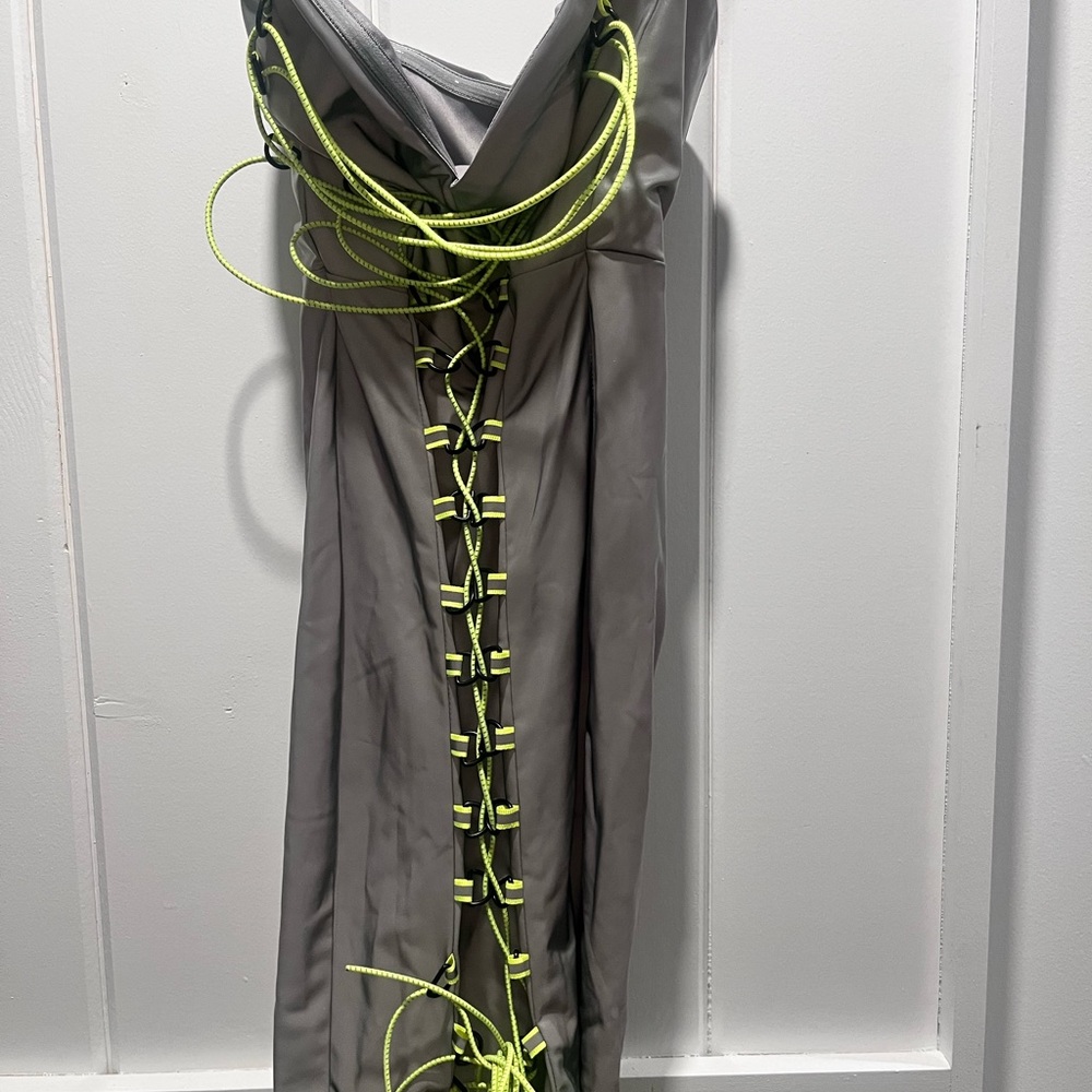 Fashion Nova Strapless Dress in Gray with Bright Green Lacing